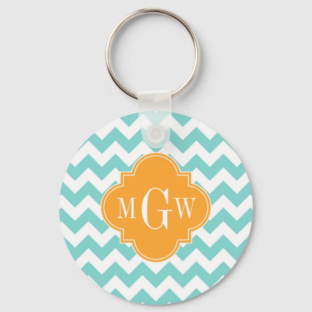 Chaveiro Aqua Wht Chevron Cantaloupe Quatrefoil 3 Monograma (Frente)