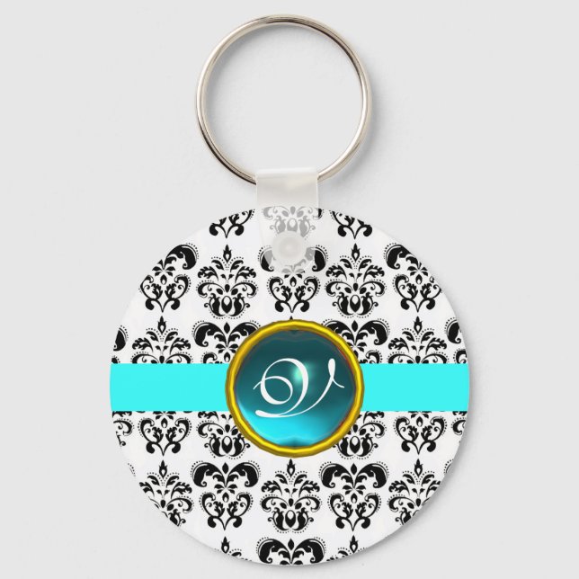 Chaveiro AQUAMARINE DAMASK MONOGRAM, Turquase azul (Frente)