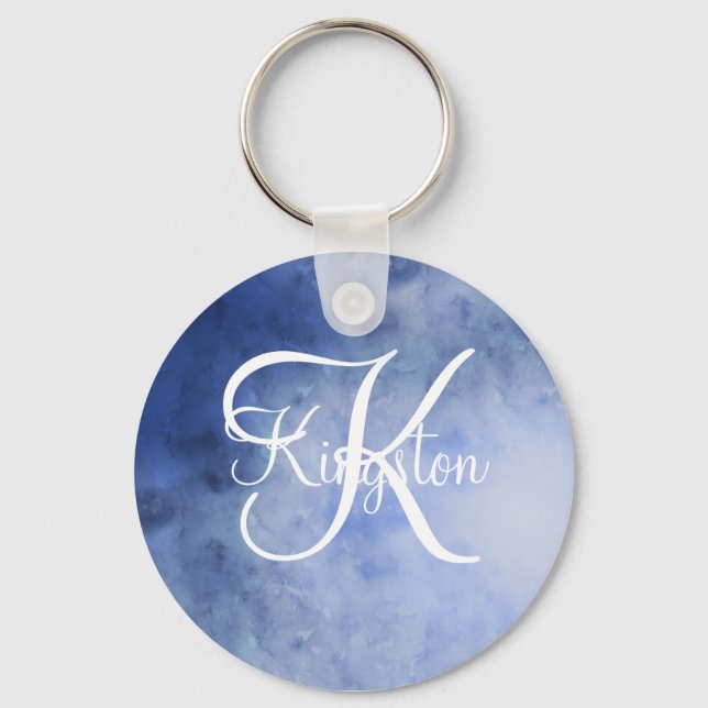Chaveiro Aquarela Azul e Branco Monogramada (Frente)