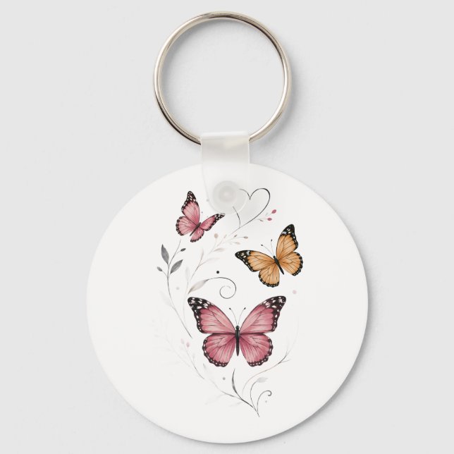 Chaveiro Aquarela Botânica de Borboleta Rosa (Frente)
