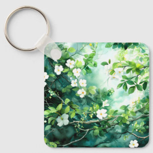 Chaveiro Aquarela Botânica Flores Brancas Folhas Verdes