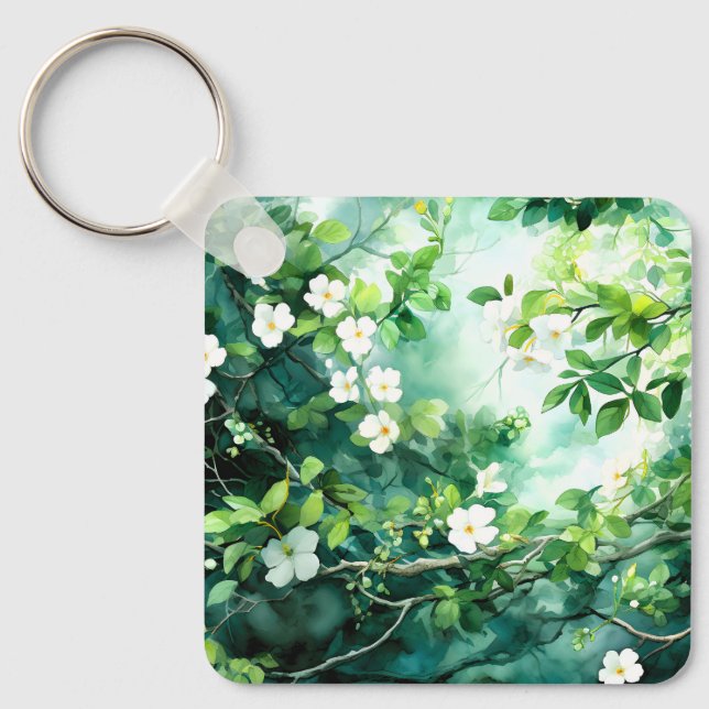 Chaveiro Aquarela Botânica Flores Brancas Folhas Verdes (Frente)