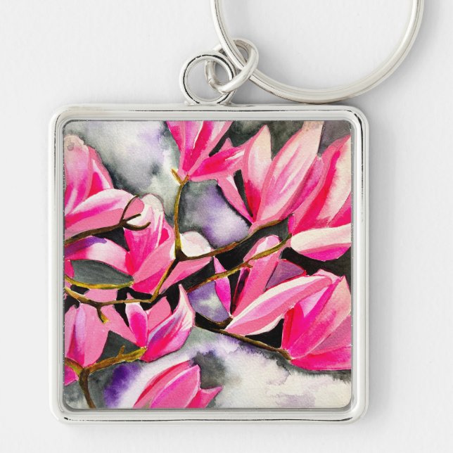 Chaveiro Aquarela de magnólia rosa (Frente)