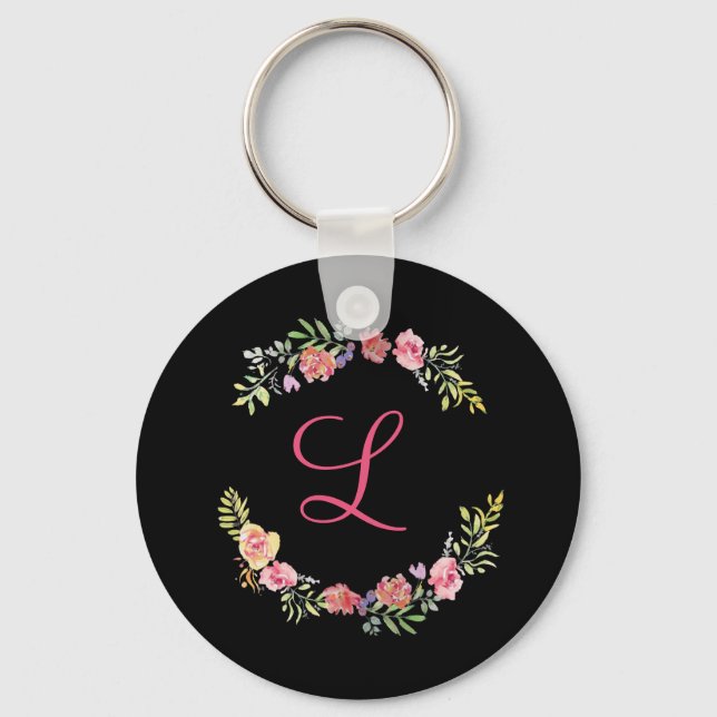 Chaveiro Aquarela Floral Rosa, Amarelo e Verde com Monogram (Frente)