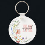 Chaveiro Aquarela Flores Selvagens Monograma<br><div class="desc">O nome inicial e o nome do na moda monograma em letra chic são apresentados com uma borda elegante de flores silvestres de aquarela nesta chaveiro feminina. Mais itens na nossa loja.</div>