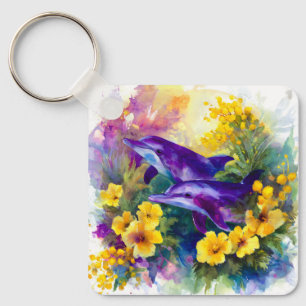 Chaveiro Aquarela Golfinhos Flores Tropicais Oceano