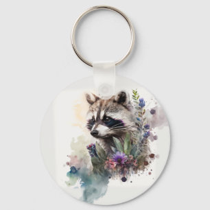 Chaveiro Aquarela Guaxinim Fofo Flores de Primavera        