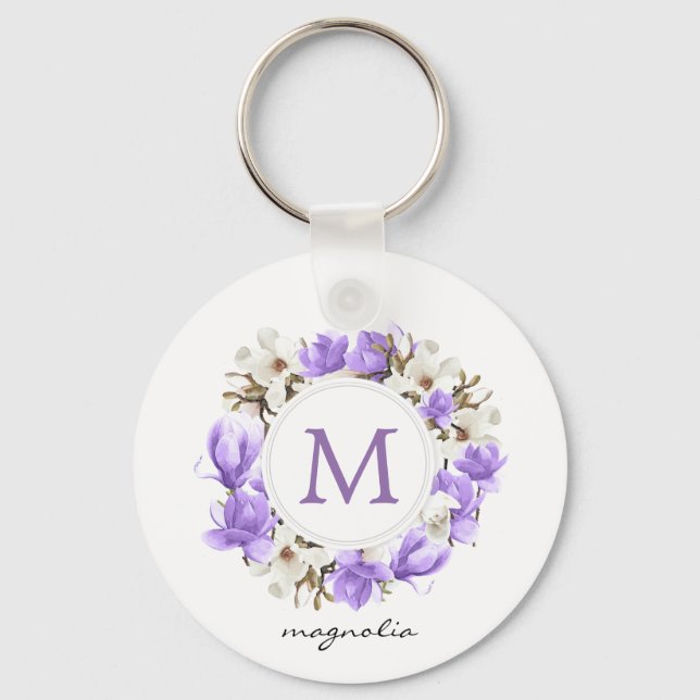 Chaveiro Aquarela Purple Magnolia Wreath Monograma (Frente)