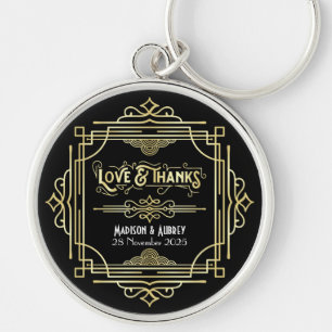 Chaveiro Art Deco Casamento Amor e Obrigados Dourado Preto 