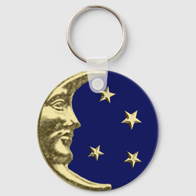 Chaveiro Art Deco Moon and Stars - Azul Marinho e Dourado (Frente)