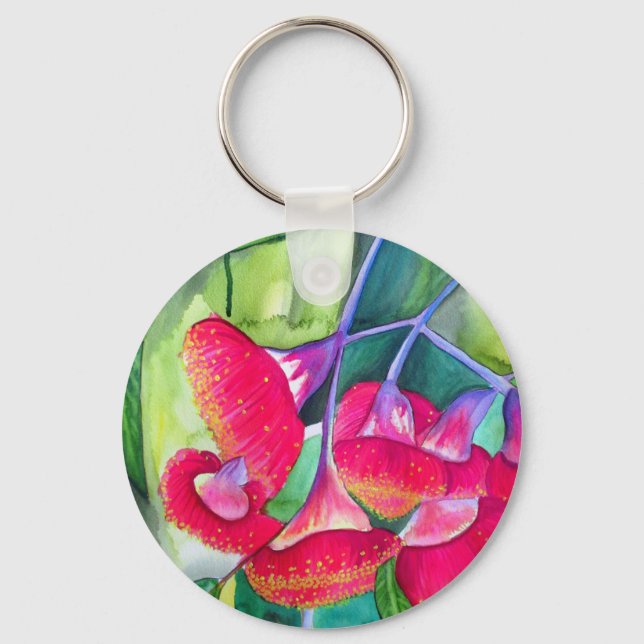 Chaveiro Arte a aquarela australiana com flores vermelhas (Frente)