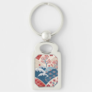 Chaveiro Arte Asiático Vermelho Azul Tradicional Floral Ele
