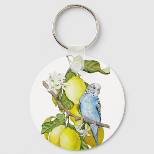 Chaveiro Arte Botânica em Aquarela de Periquito Azul em Lar