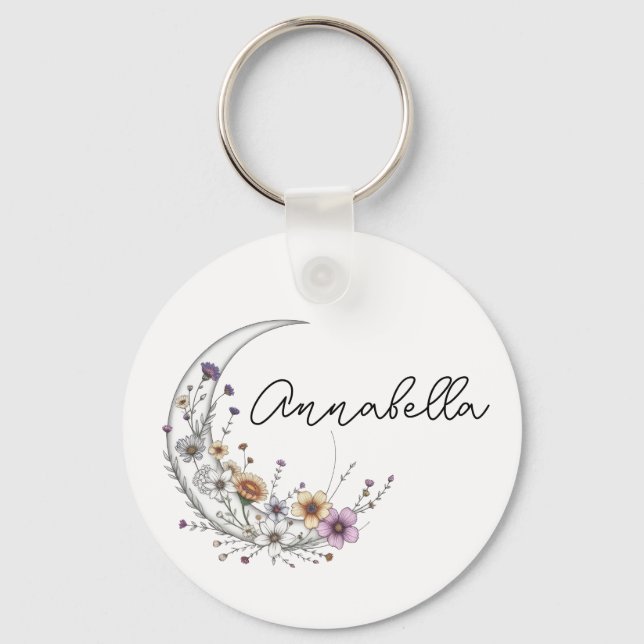Chaveiro Arte Celestial Personalizada Floral Crescente Lua (Frente)