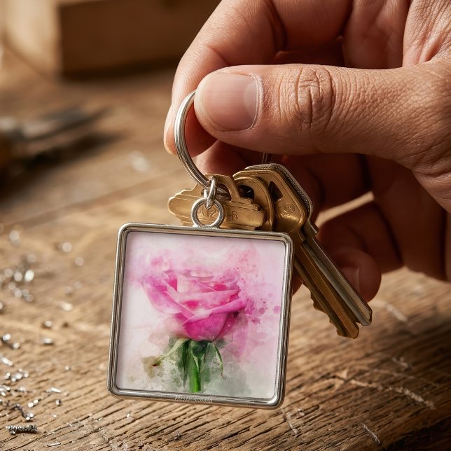 Chaveiro Arte de Aquarela de Rosa Rosa em Fundo Branco (Pink Rose Watercolor Art on White Background. Keychain)