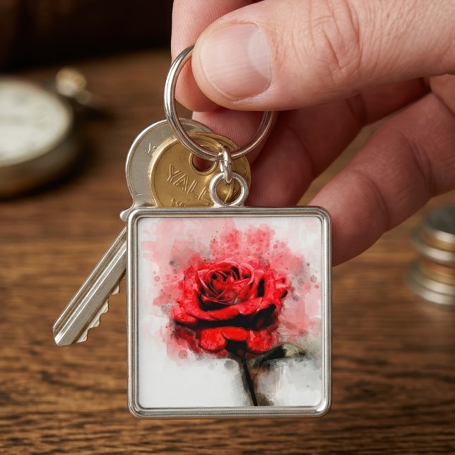 Chaveiro Arte de Aquarela de Rosa Vermelha em Fundo Branco (Red Rose Watercolor Art on White Background. Keychain)