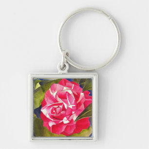 Chaveiro Arte de camélia em aquarela cor-de-rosa brilhante 
