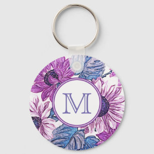Chaveiro Arte de Flor Vintage Roxo e Azul Monograma