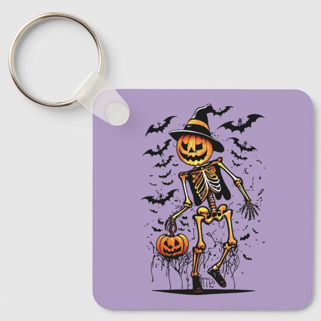 Chaveiro Arte de Halloween de Esqueleto de Abóbora (Frente)