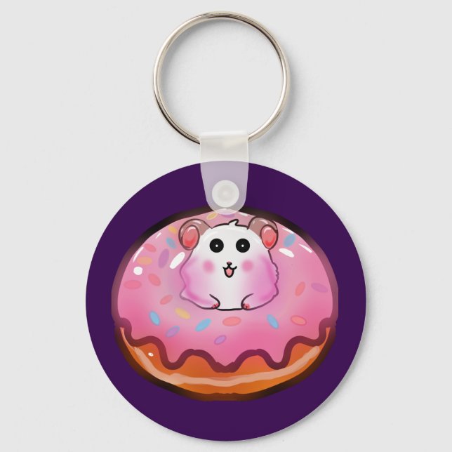Chaveiro Arte de hamster Kawaii fofo em Donut Rosa Glacê (Frente)