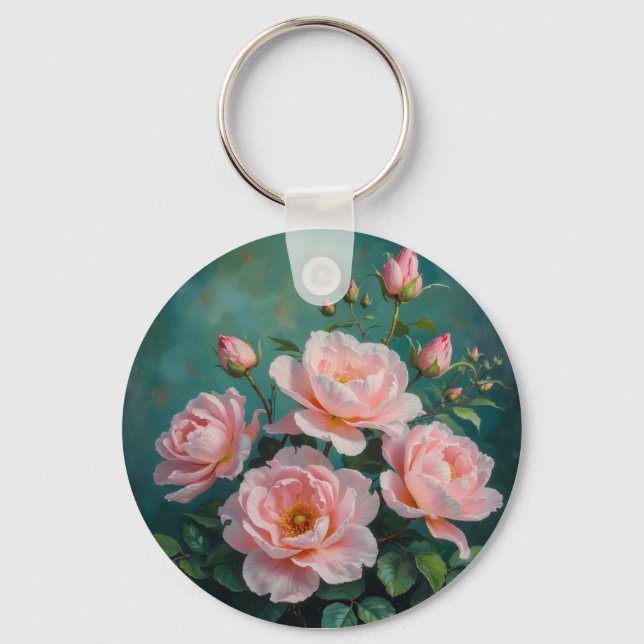 Chaveiro Arte de Peônias Rosa em Verde Esmeralda (Frente)