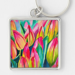 Chaveiro Arte de tulipas de aquarela rosa