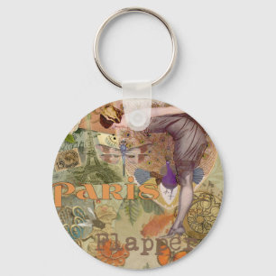 Chaveiro Arte Deco Colagem de Pavão Flapper Paris Antigo