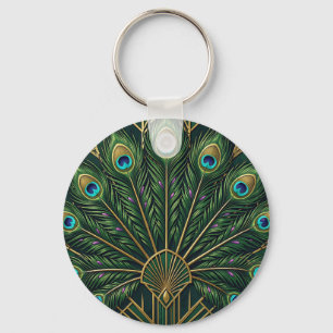 Chaveiro Arte Deco de penas de pavão esmeralda verde dourad