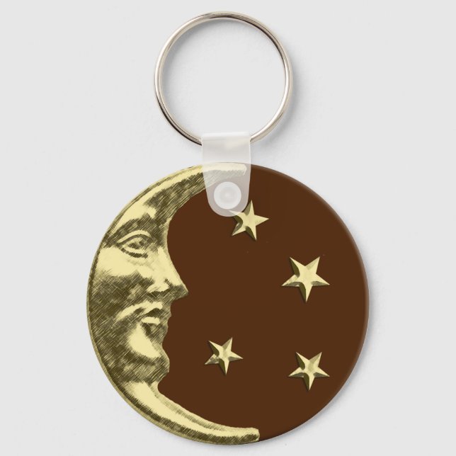 Chaveiro Arte Deco Lua e Estrelas - Castanho e Dourado (Frente)