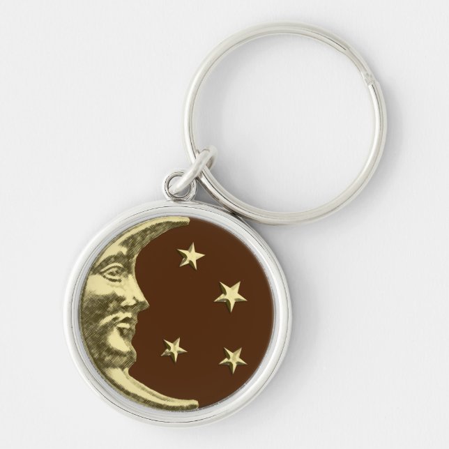 Chaveiro Arte Deco Lua e Estrelas - Castanho e Dourado (Frente)