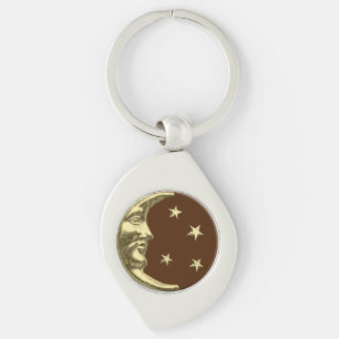 Chaveiro Arte Deco Lua e Estrelas - Castanho e Dourado