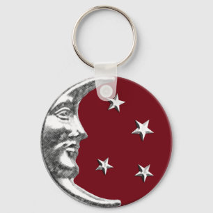 Chaveiro Arte Deco Lua e Estrelas - Vermelho Escuro e Prata