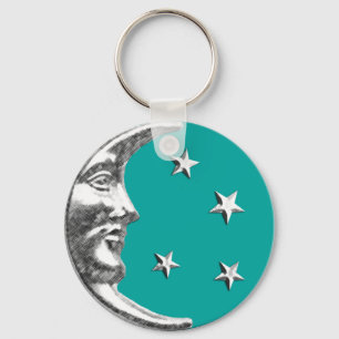 Chaveiro Arte Deco Moon e Estrelas - Turquesa e Prata