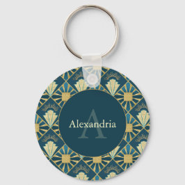 Chaveiro Arte Deco Personalizado Nome & Monograma Azul Turq