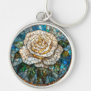 Chaveiro Arte Detalhada de Vidro Pintado Rosa Branca Linda