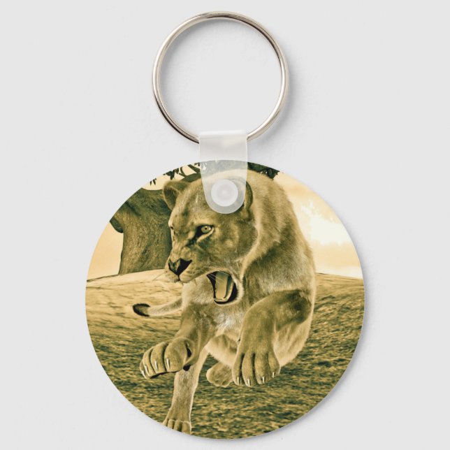 Chaveiro Arte Dramática de Leoa em Safari de Vida Selvagem (Frente)