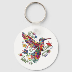 Chaveiro Arte em Aquarela de Beija-flor Floral Colorida
