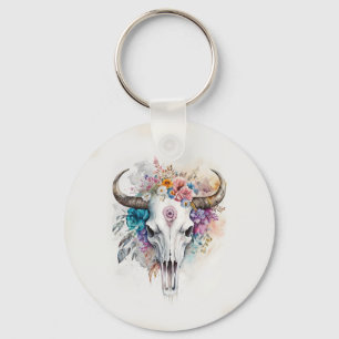 Chaveiro Arte em Aquarela de Caveira de Touro Floral