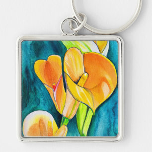 Chaveiro arte em aquarela de flor de lírio Calla laranja