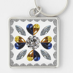 Chaveiro Arte exclusiva de diamante, azul amarelo na cadeia