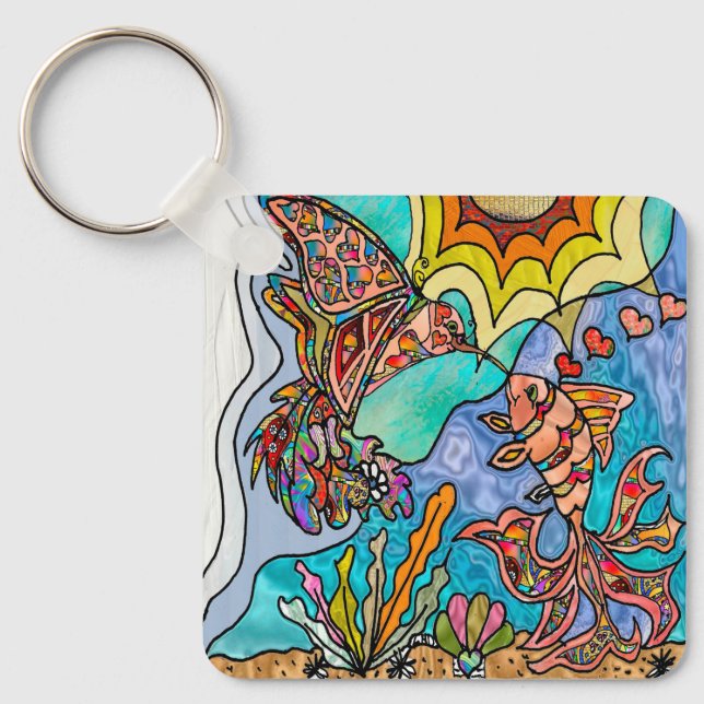 Chaveiro Arte Fantasia de Beija-flor Peixe Dourado Reflexo (Frente)