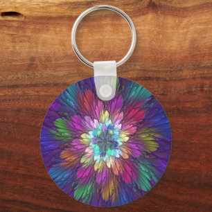 Chaveiro Arte Fractal Abstrata de Flor Psicodélica Colorida