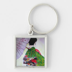 Chaveiro Arte japonesa Geisha com quimono e guarda-chuva