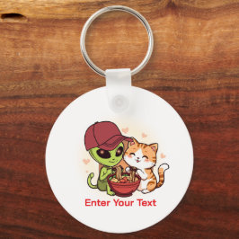 Chaveiro Arte Kawaii de Alien e Gato Compartilhando Ramen