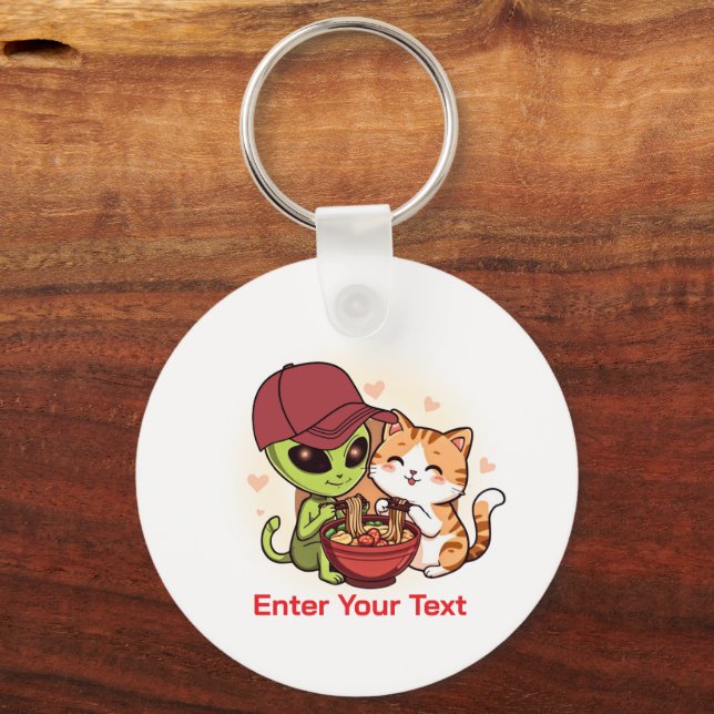 Chaveiro Arte Kawaii de Alien e Gato Compartilhando Ramen (Frente)