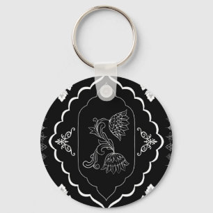 Chaveiro Arte Linear Floral Branco Elegante em Preto