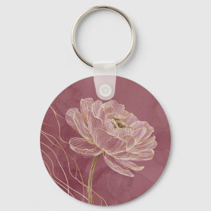 Chaveiro Arte Linear Floral em Dourado Rosa Empoeirado Eleg
