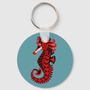 Chaveiro Arte Marinha Oceano Cavalo-Marinho Preto Vermelho