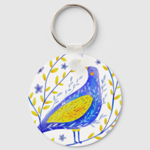 Chaveiro Arte Moderna de Pássaro Azul e Amarelo em Aquarela