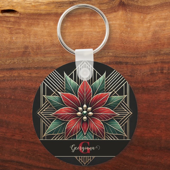 Chaveiro Arte Retro Personalizada Deco Poinsettia (Frente)